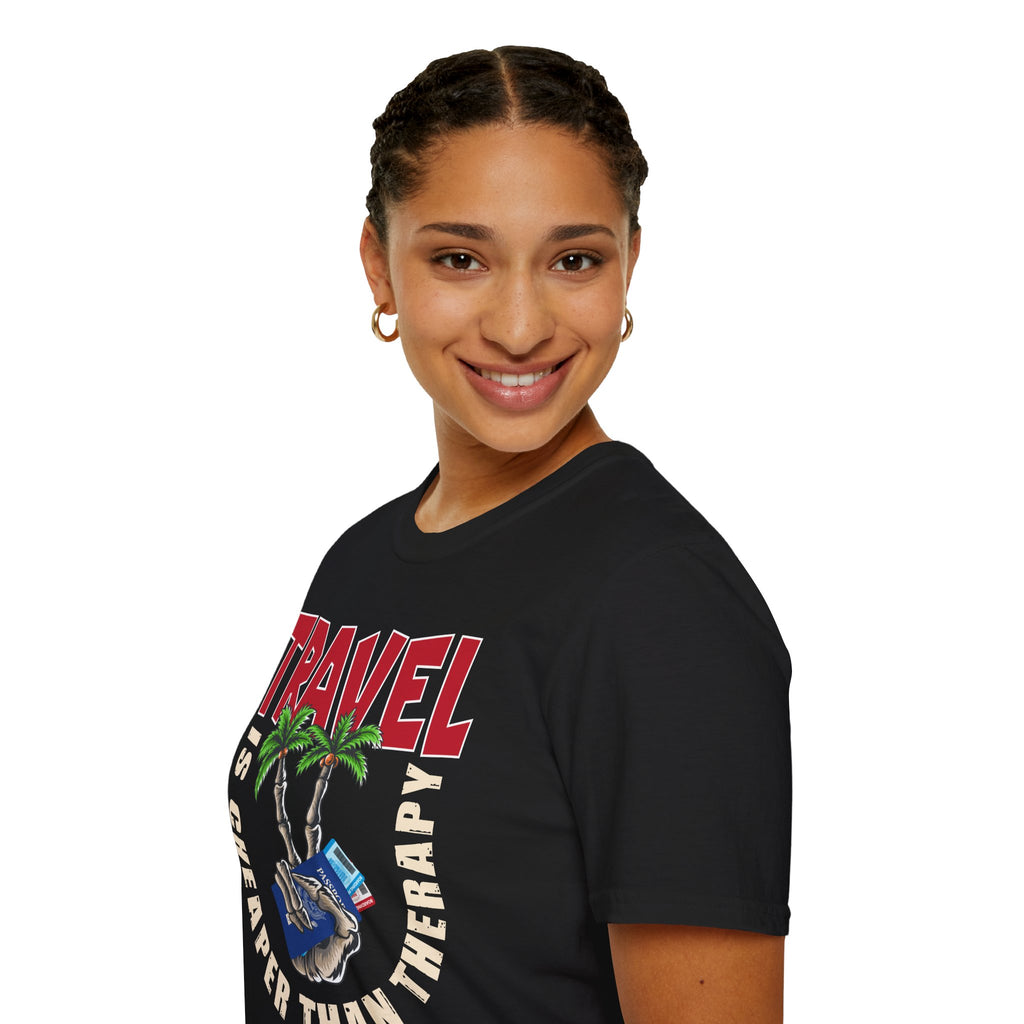 Travel Is Cheaper Than Therapy T-Shirt Bones — Vacation Palm Tree Graphic Tee