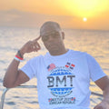 BMT Globe T-Shirt — Retro Striped Travel Logo Tee (“The World Is Ours / Orbis Nostrum”)