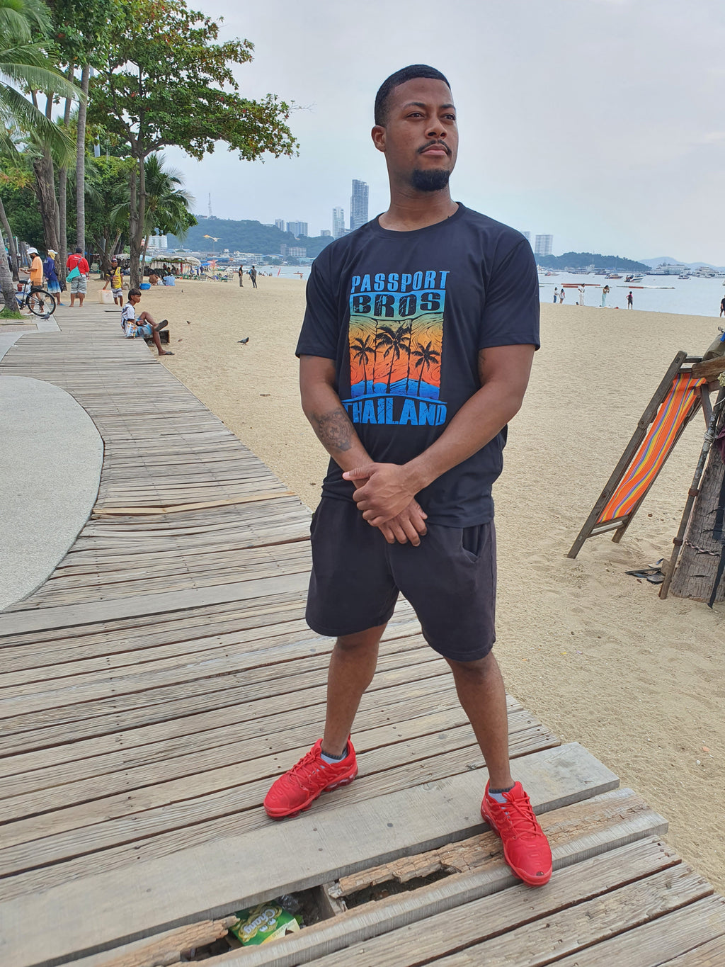 Passport Bros Thailand Black T-Shirt — Retro Palm Tree Sunset Travel Tee