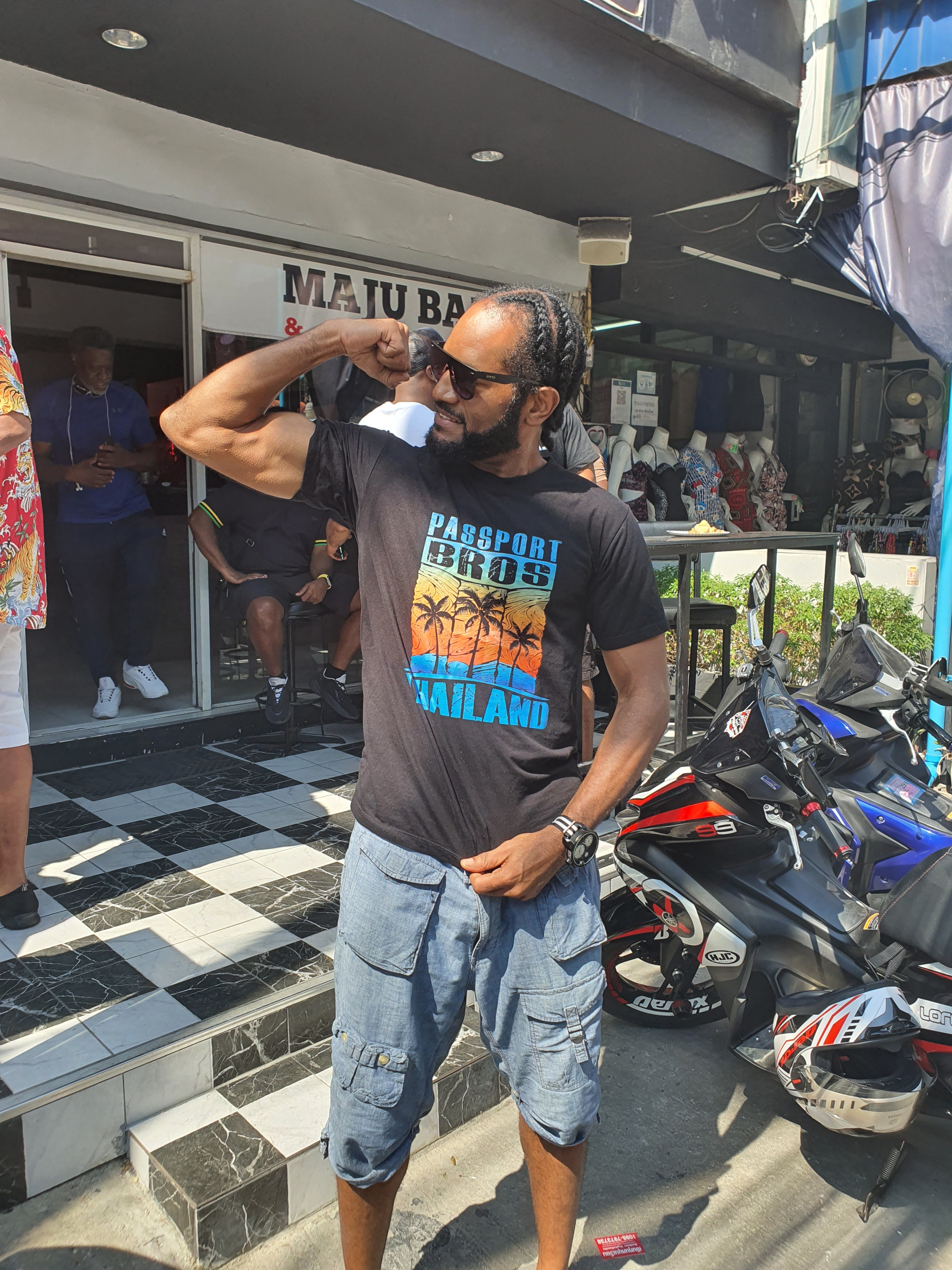 Passport Bros Thailand Black T-Shirt — Retro Palm Tree Sunset Travel Tee