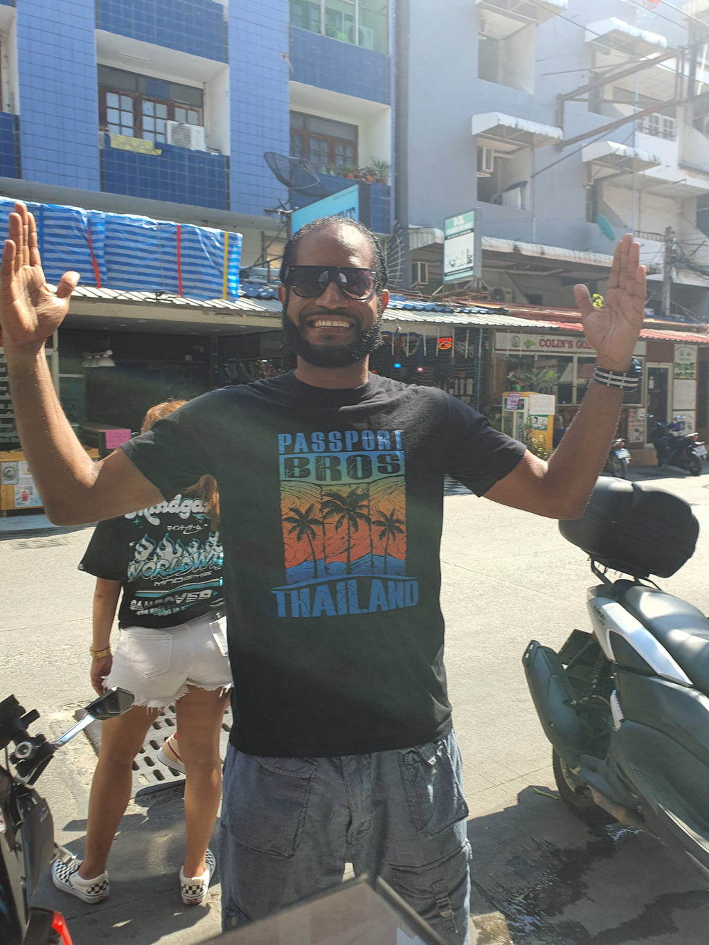 Passport Bros Thailand Black T-Shirt — Retro Palm Tree Sunset Travel Tee