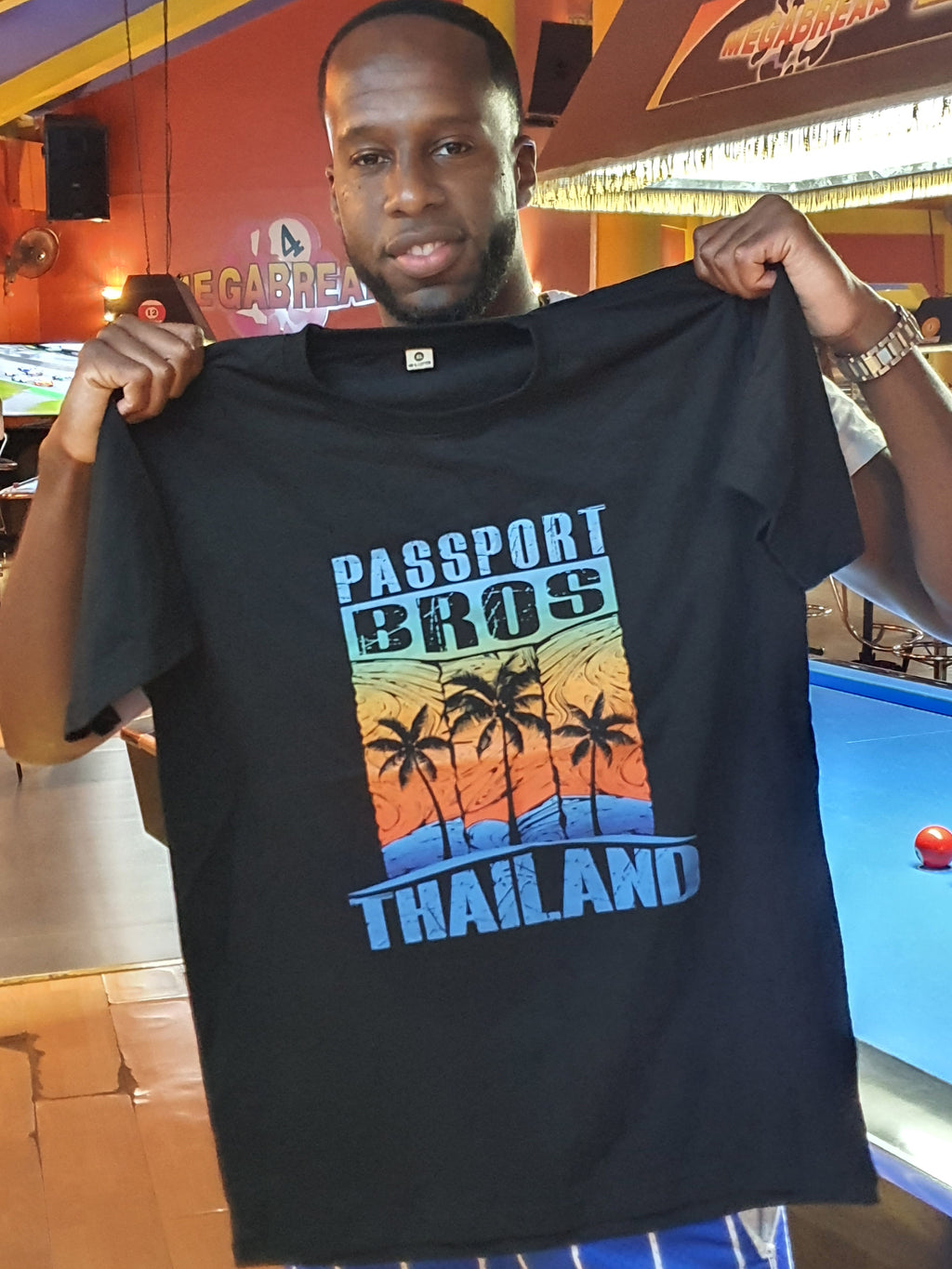 Passport Bros Thailand Black T-Shirt — Retro Palm Tree Sunset Travel Tee