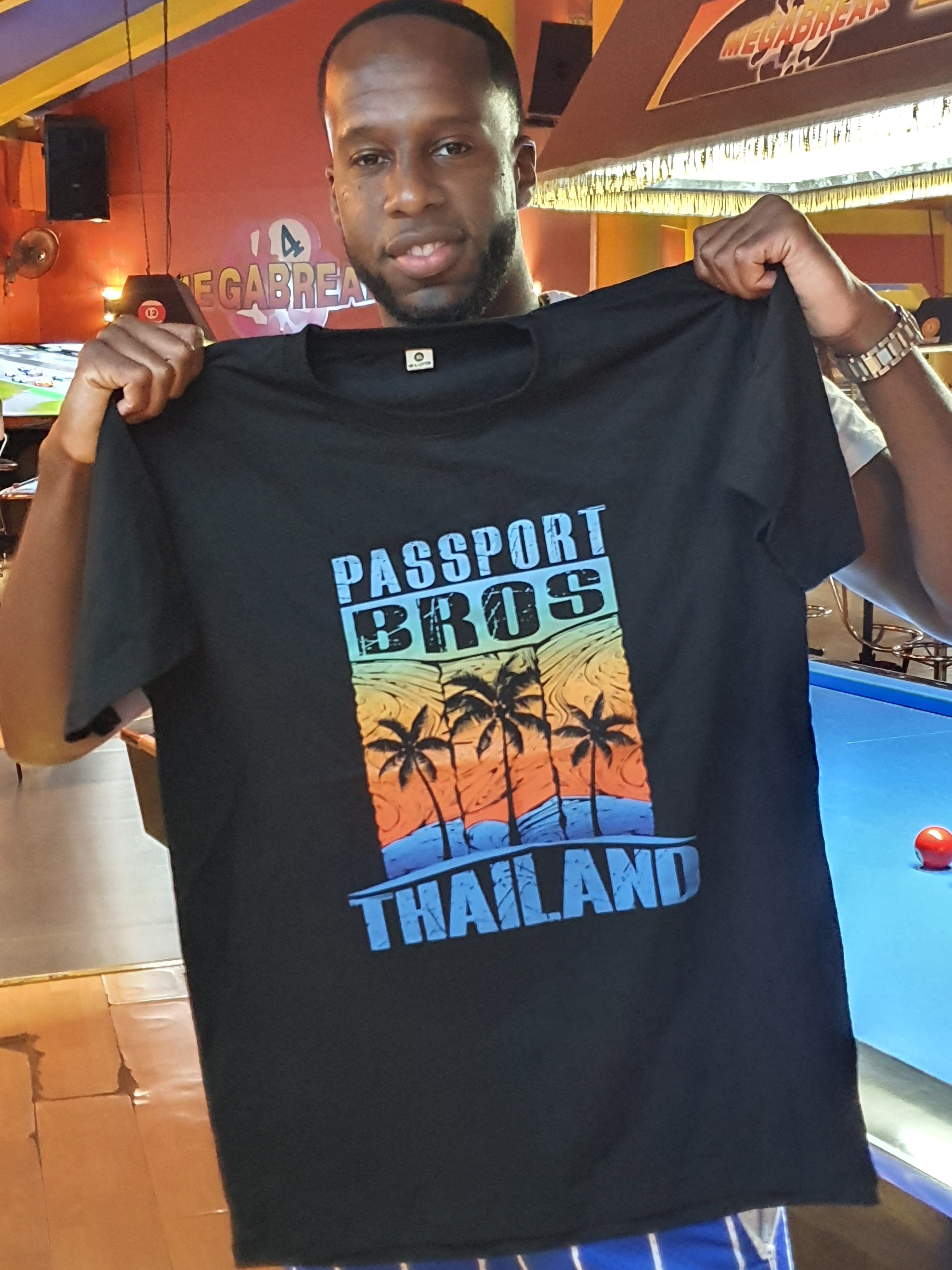 Passport Bros Thailand Black T-Shirt — Retro Palm Tree Sunset Travel Tee